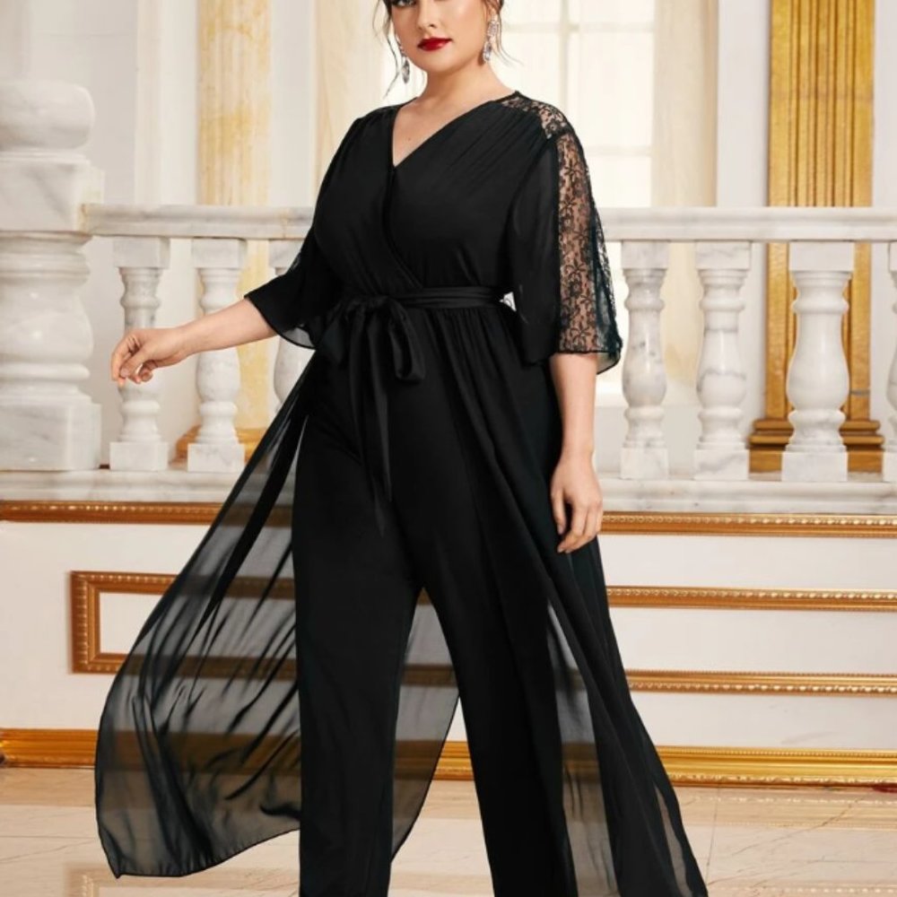 A Black Lace Belted Jumpsuit with Skirt - Picture 5 of 5